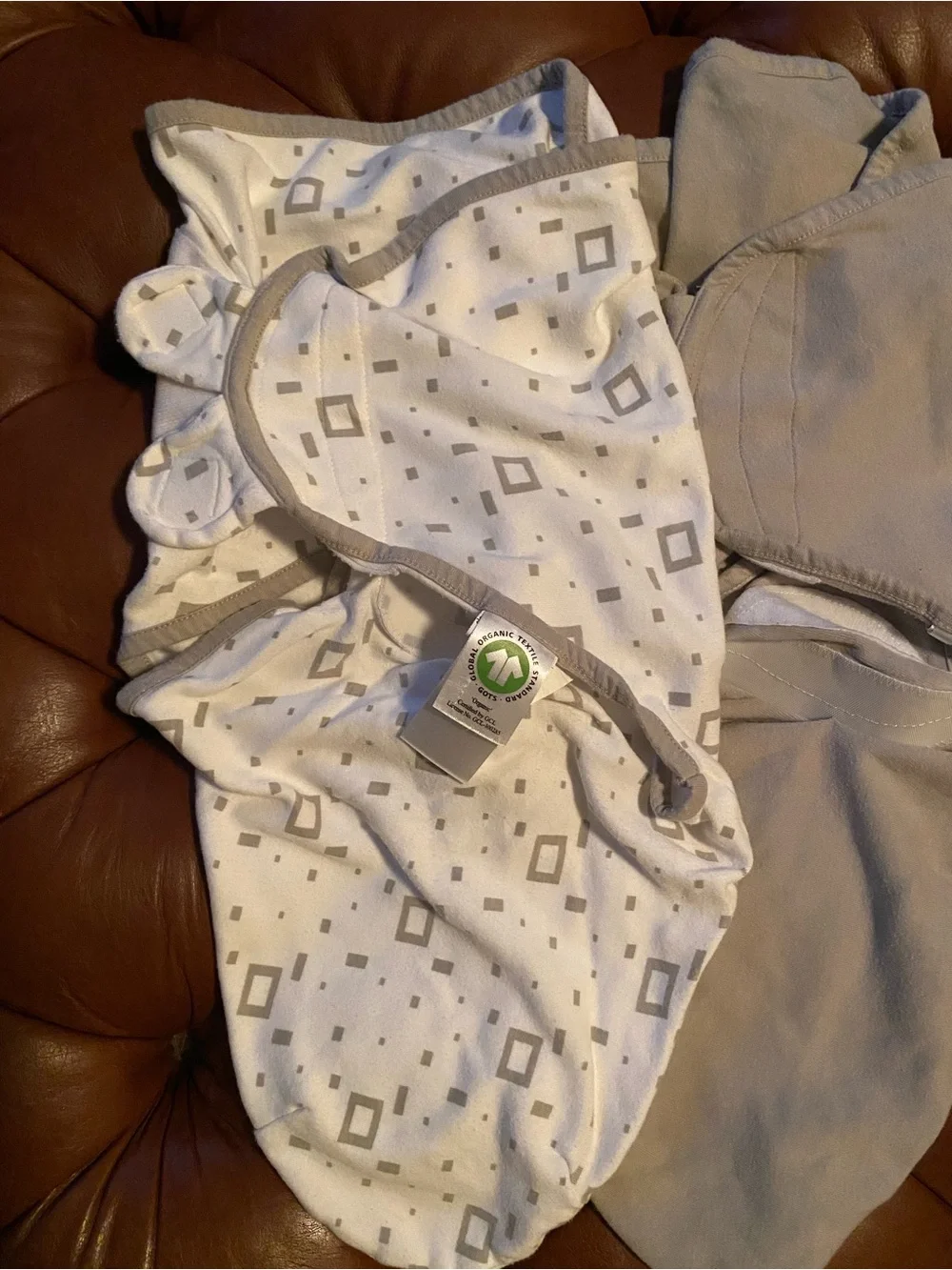 Organic Cotton Baby Swaddle Blanket Set in Cream, Patterned Gray, and Light Gray